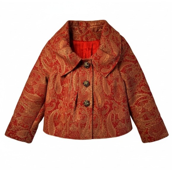Vintage Jackets & Blazers - Custom Red Gold Paisley Brocade Jacket Womens Small Blazer Wide Collar Victorian